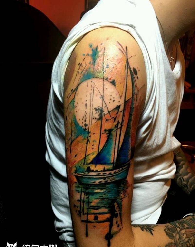 彩墨～一帆风顺纹身图片_手臂国画巴依纹身专业纹身纹身培训纹身图案