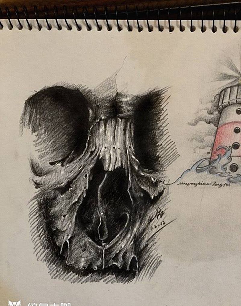 速写骷髅纹身图片_巴依内蒙古专业鬼神欧美写实手稿纹身图案