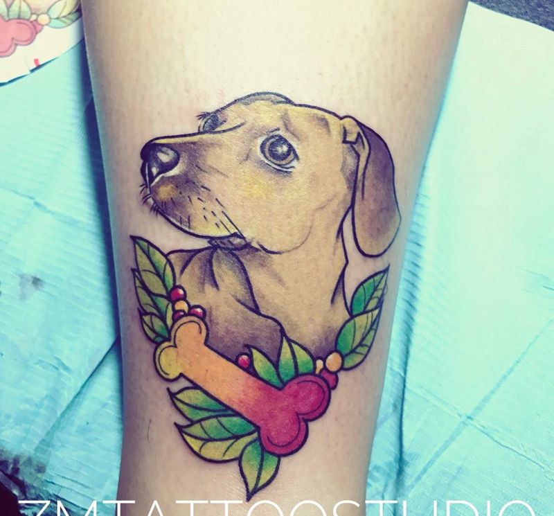 宠物new school纹身图片_欧美动物腿部成品纹身图案