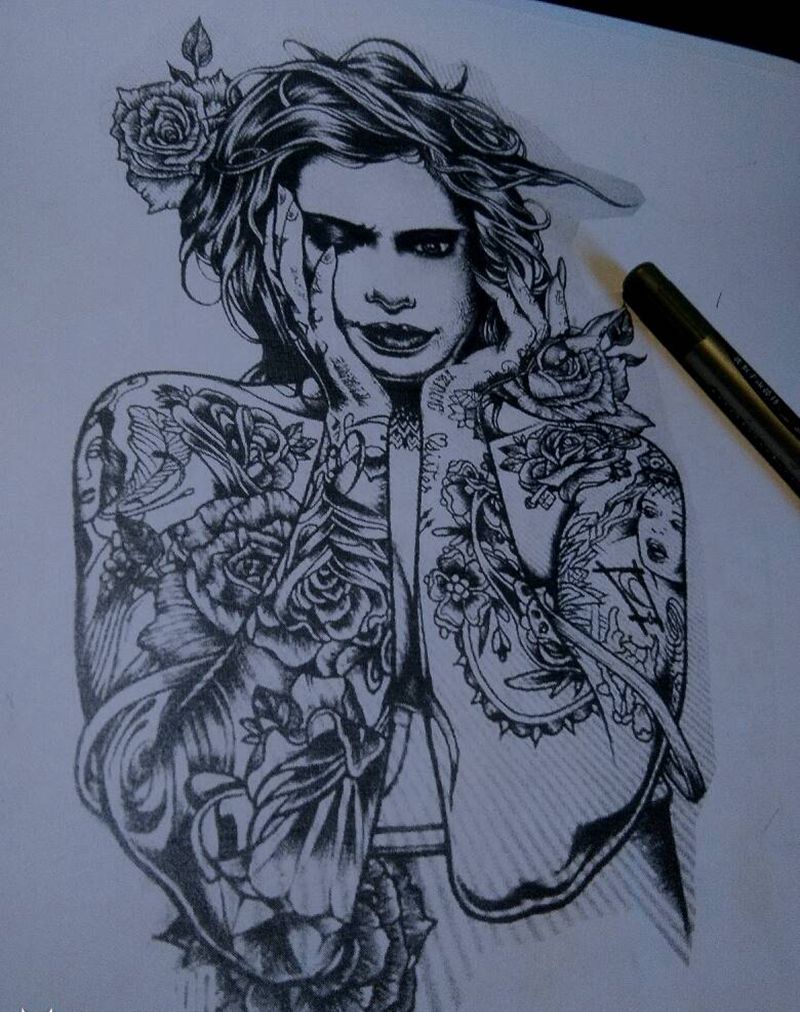 花臂女神纹身图片_腿部手臂欧美写实设计纹身图案