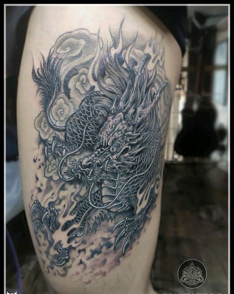 大腿麒麟纹身图片_腿部新传统麒麟纹身图案