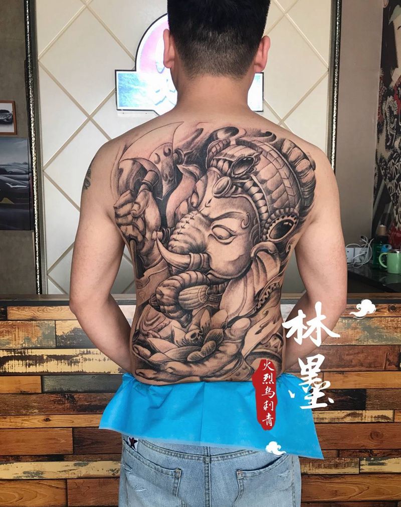 象神纹身图片_手稿背部传统鬼神纹身图案