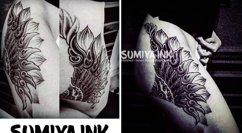 绽莲纹身图片_成品腿部习俗几何植物图腾宗教原创纹身图案