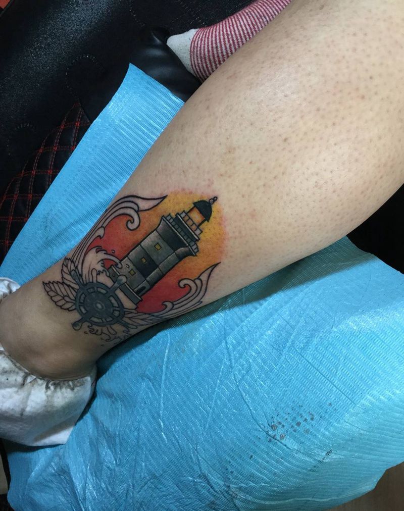 遮盖灯塔纹身图片_巴依内蒙古专业培训腿部欧美纹身图案