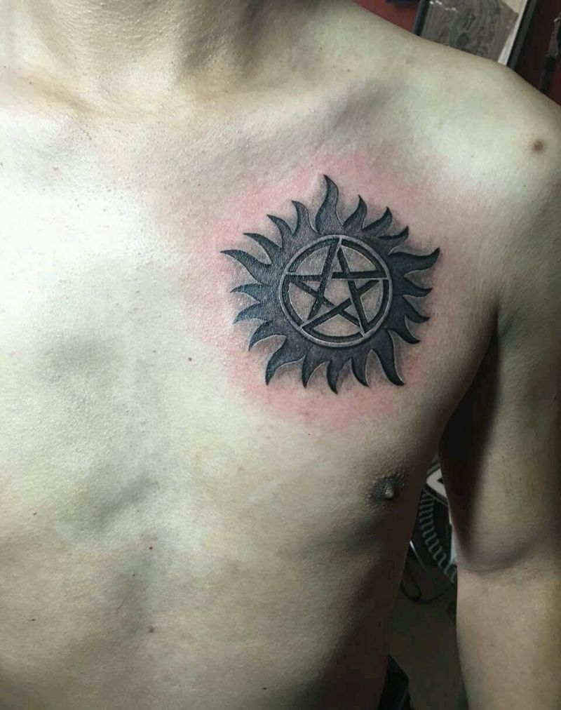 3D太阳火～鹿角清新纹身图片_胸部欧美清新几何巴依纹身专业纹身纹身培训纹身图案