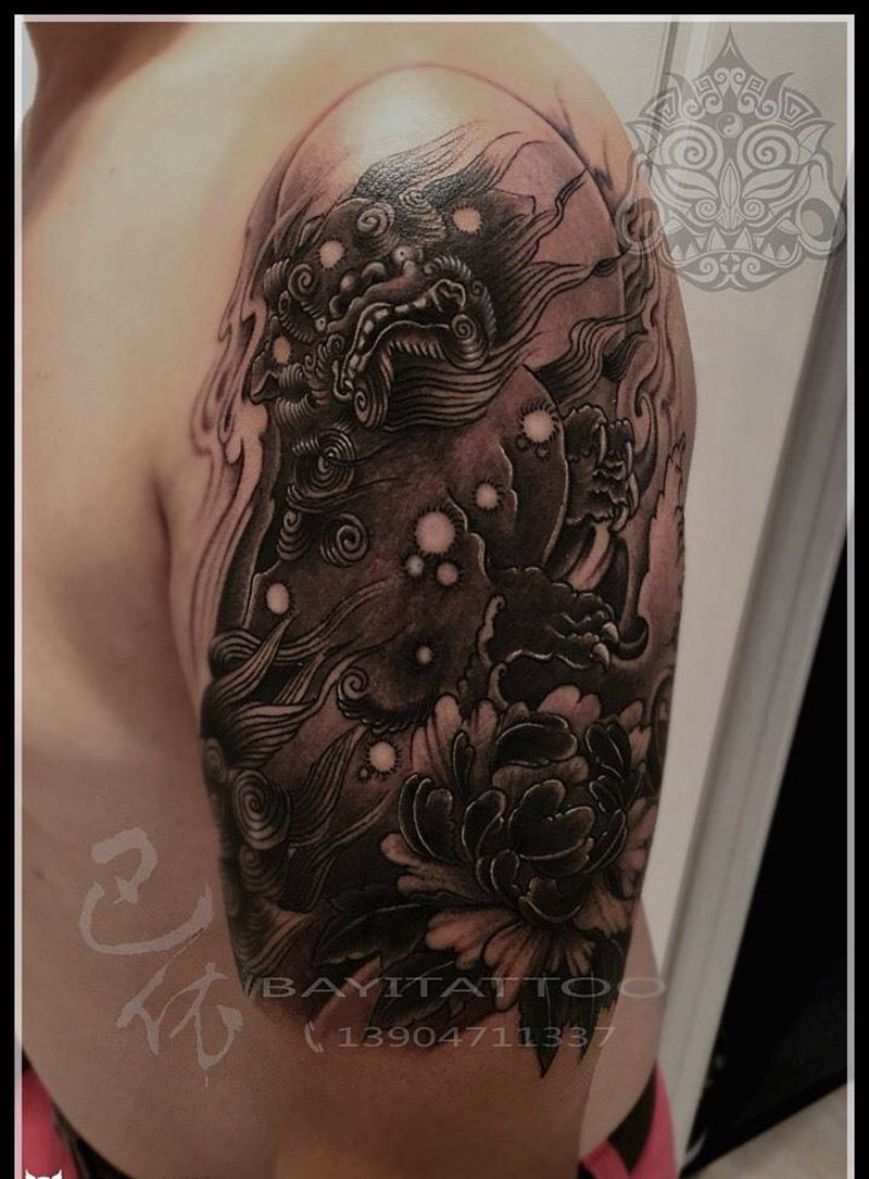 速写唐狮子牡丹纹身图片_手臂传统国画巴依纹身内蒙古纹身专业纹身纹身图案