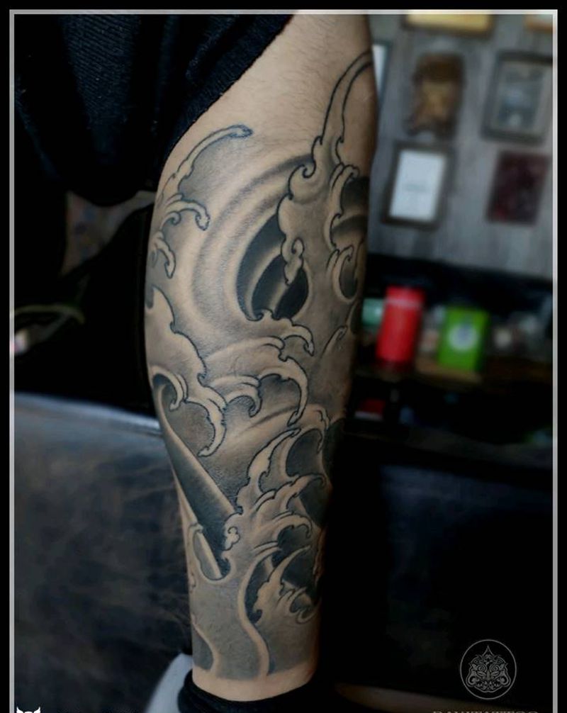 浪花腿恢复后纹身图片_腿部新传统浪花腿小腿纹身图案