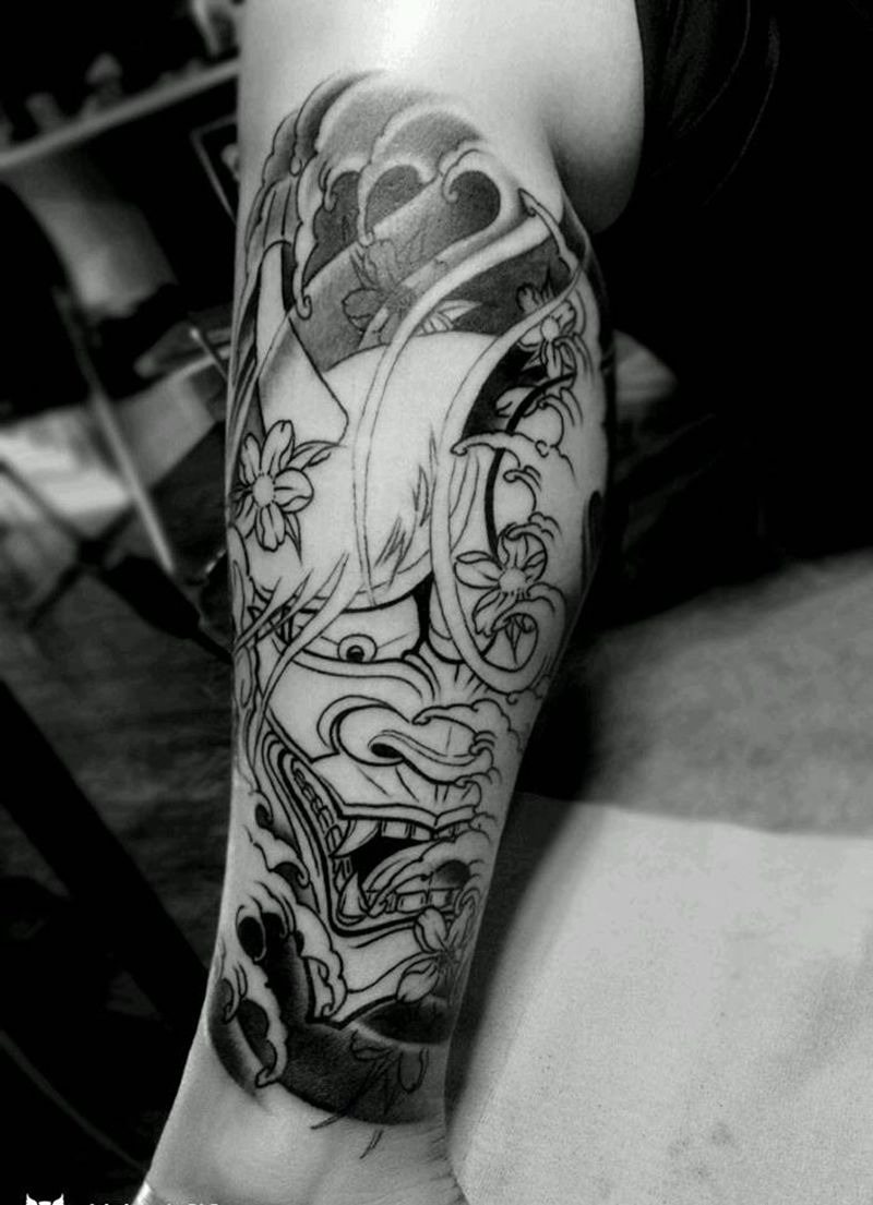 原创般若纹身图片_腿部传统鬼神原创内蒙古纹呼市巴依纹身图案