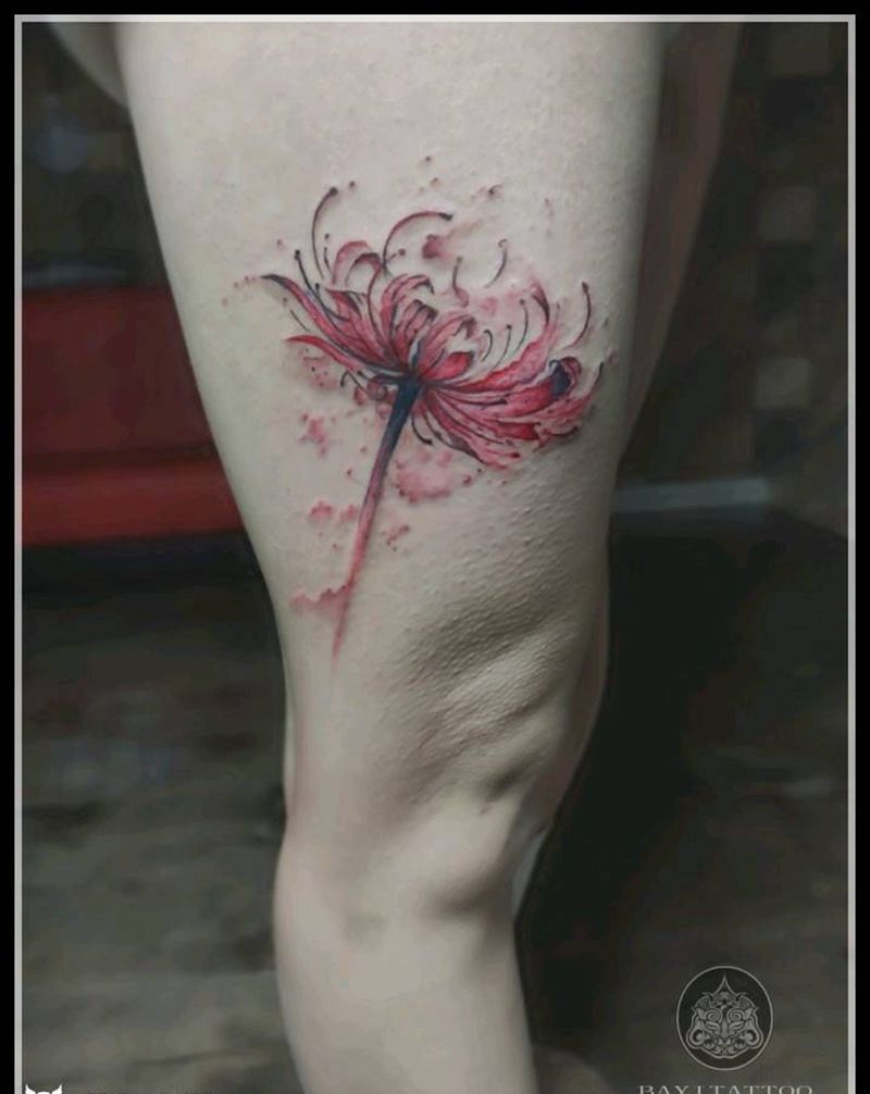 彼岸花遮盖疤痕纹身图片_腿部水彩疤痕遮盖彼岸花纹身图案