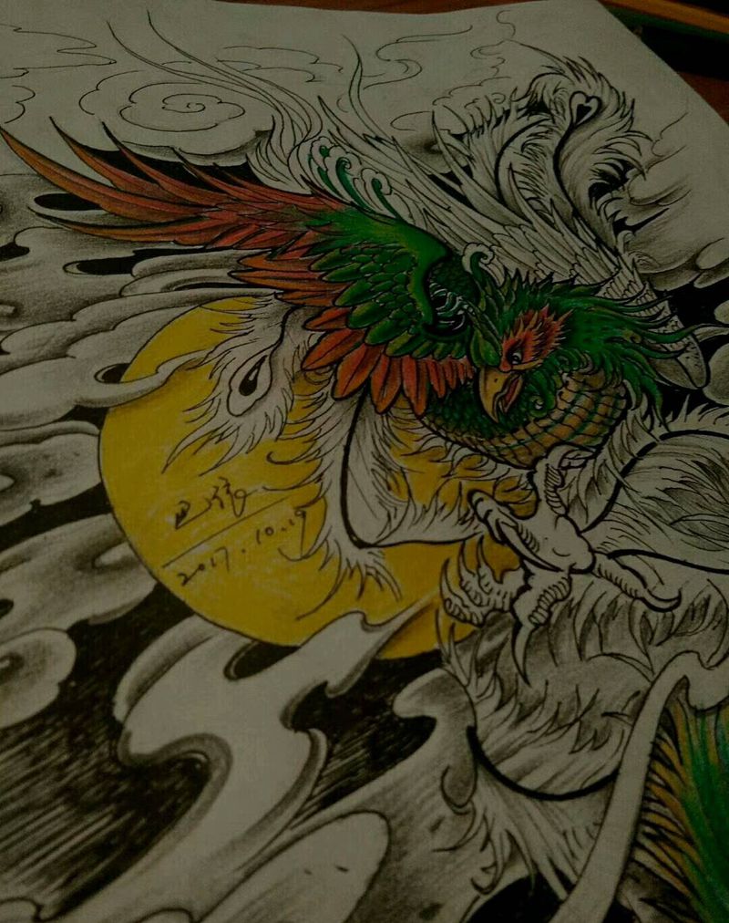 彩凤纹身图片_腿部传统动物内蒙古纹呼市巴依手稿纹身图案