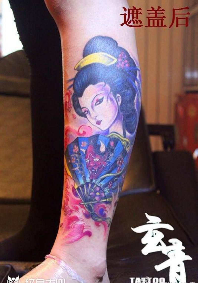 玄青tattoo 艺妓纹身图片_成品腿部传统人物纹身图案