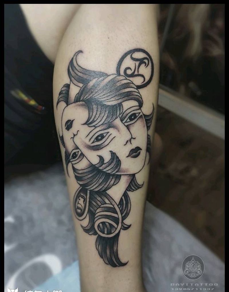 school双子座纹身图片_腿部New School双子座纹身图案