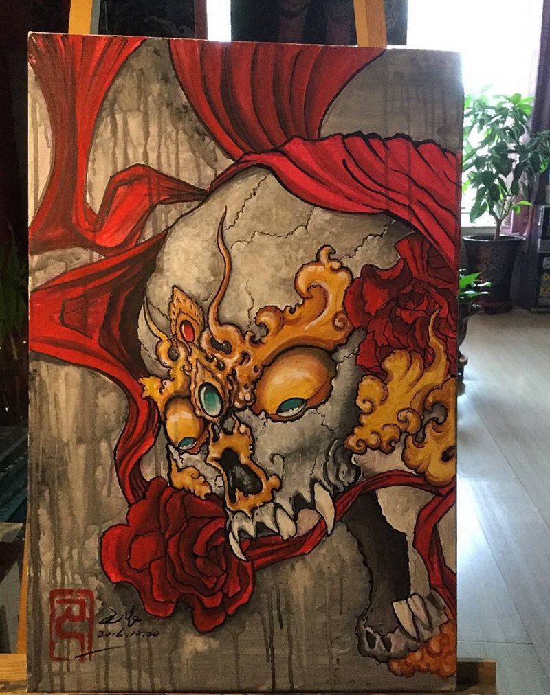 油画嘎巴拉纹身图片_巴依内蒙古专业宗教手稿纹身图案