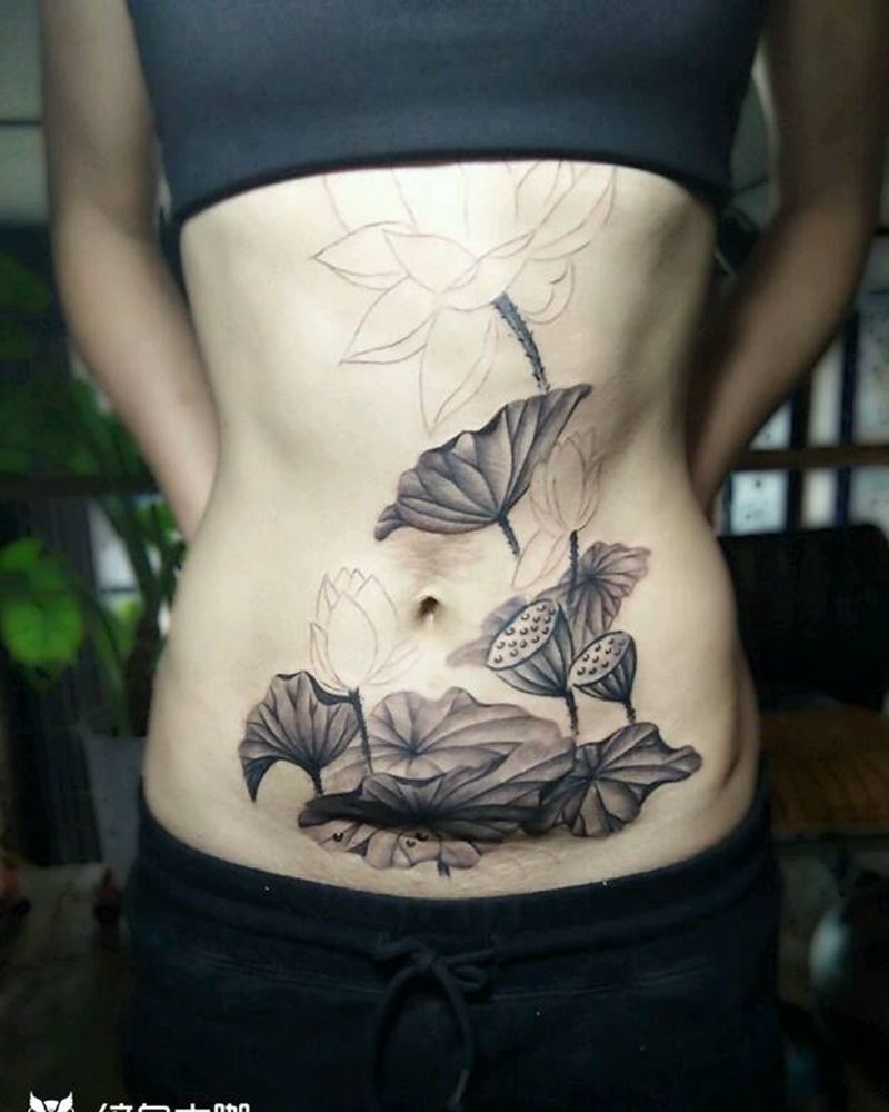 腹部疤痕遮盖纹身图片_腹部传统国画植物原创内蒙古纹呼市巴依纹身图案