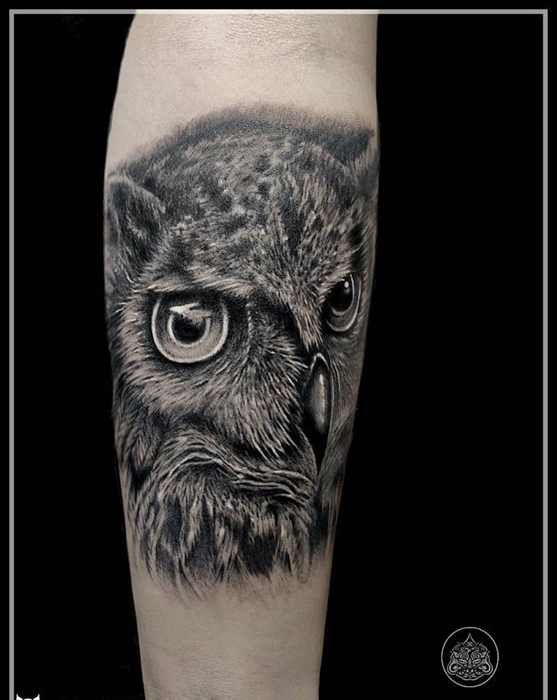 写实猫头鹰纹身图片_手臂欧美写实猫头鹰智慧之鸟纹身图案