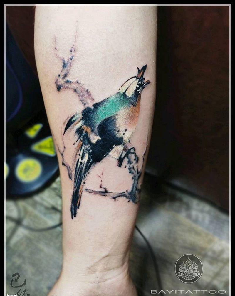 水墨画眉纹身图片_手臂水彩水墨画眉纹身图案