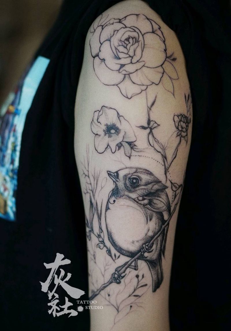 花鸟未完成纹身图片_手臂水墨纹身图案