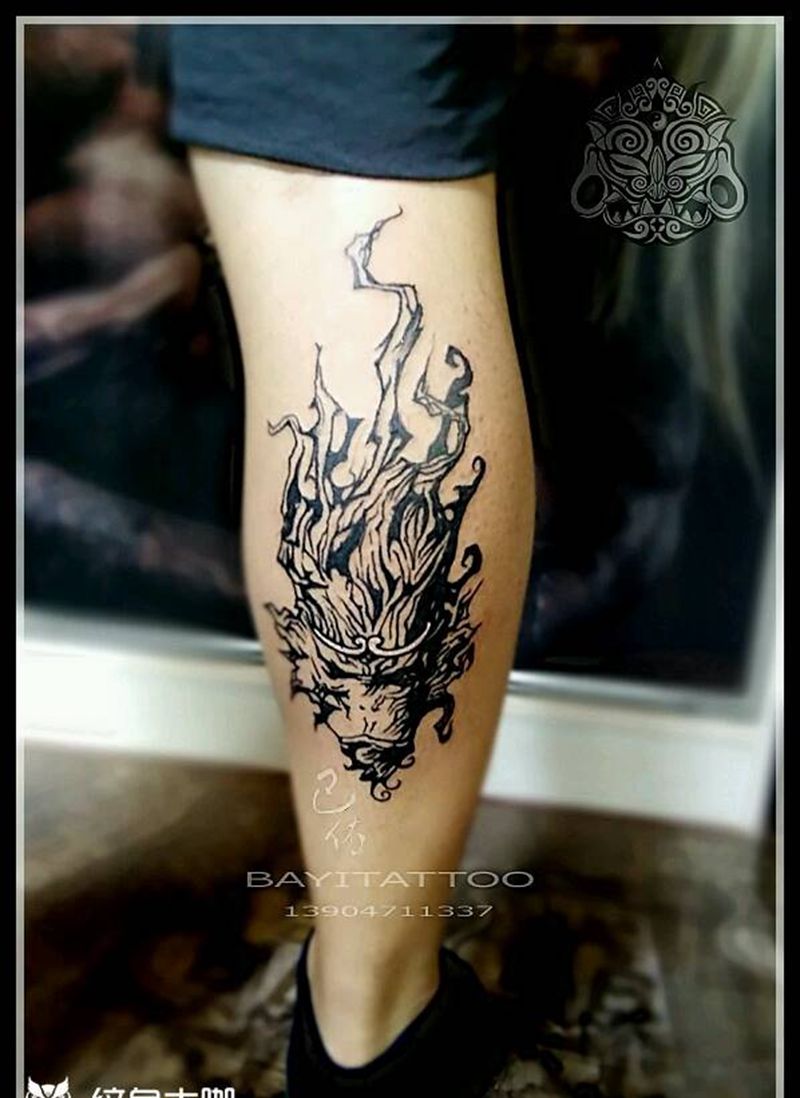 写意悟空纹身图片_腿部图腾内蒙古纹呼市巴依纹身图案