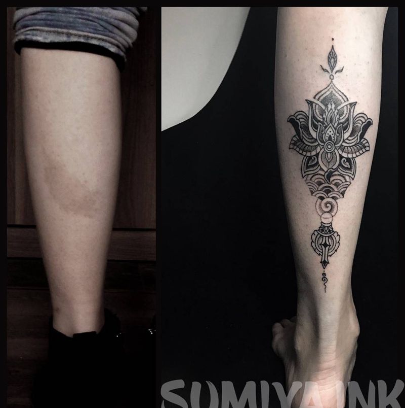 莲杵（疤痕遮盖）纹身图片_成品腿部图腾宗教原创习俗纹身图案