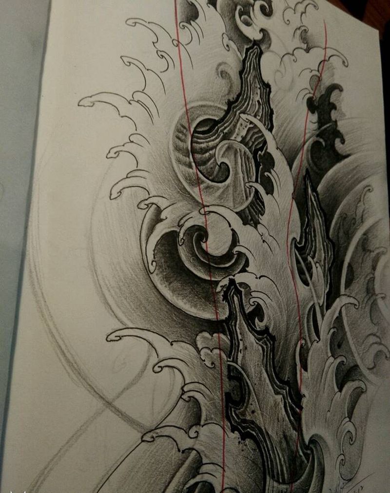 一组浪纹身图片_传统原创内蒙古纹呼市巴依手稿纹身图案