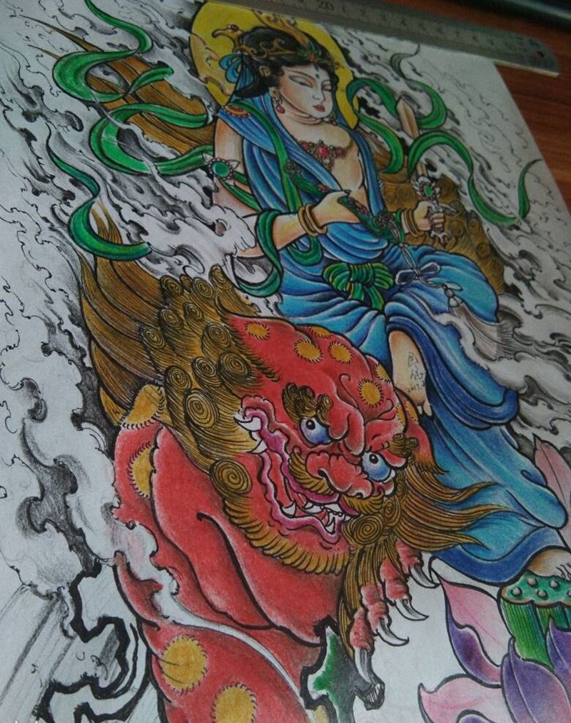 文殊纹身图片_背部原创内蒙古纹呼市巴依成品手稿纹身图案