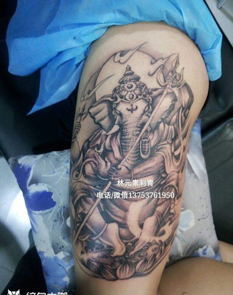 象神纹身图片_腿部传统纹身图案