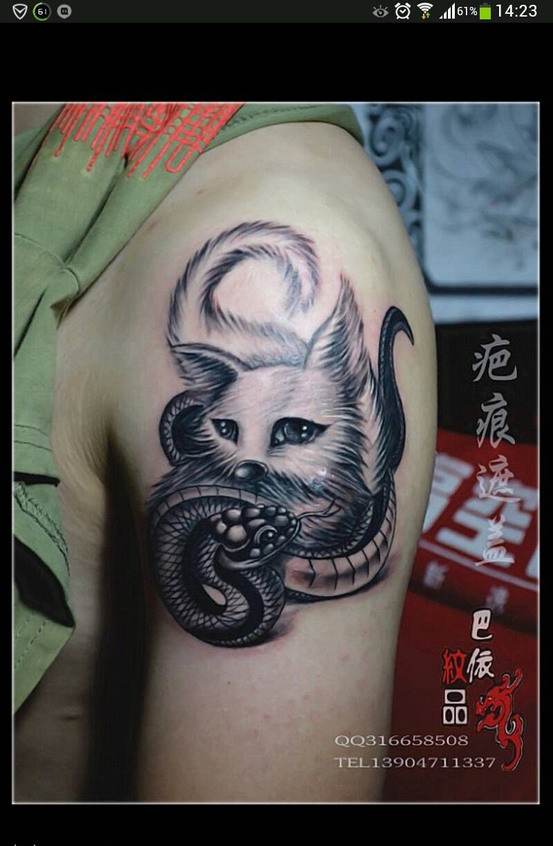 蛇盘狐纹身图片_肩部欧美动物原创纹身图案