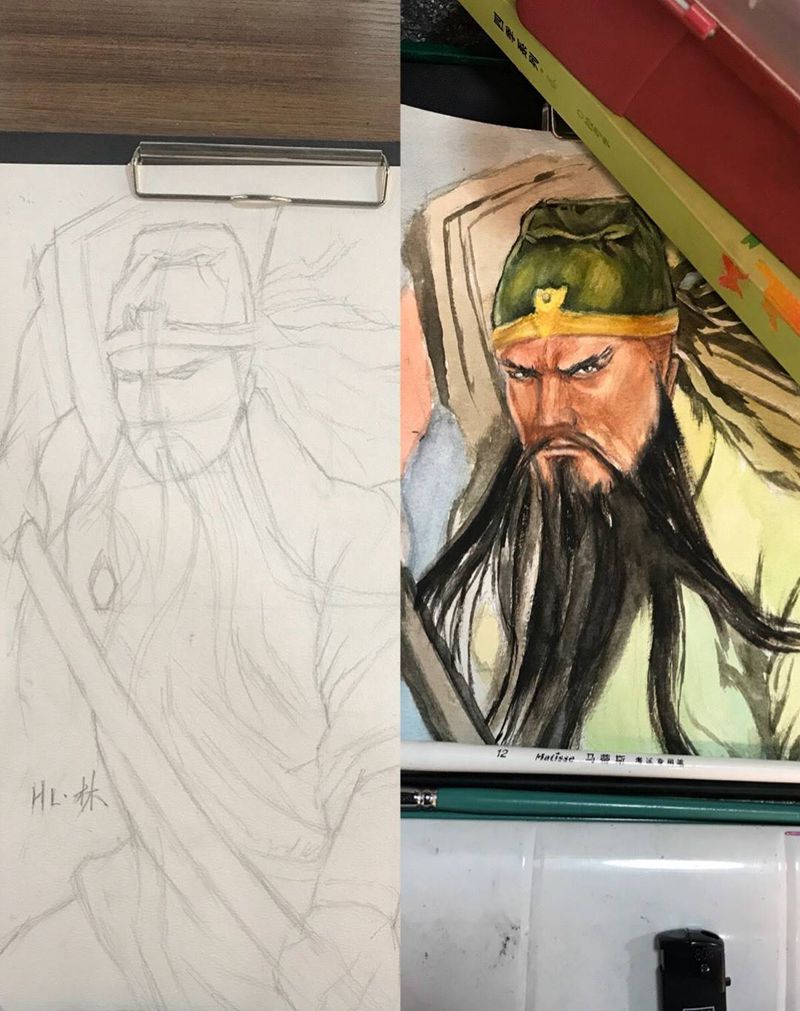 关公水彩纹身图片_手稿人物纹身图案