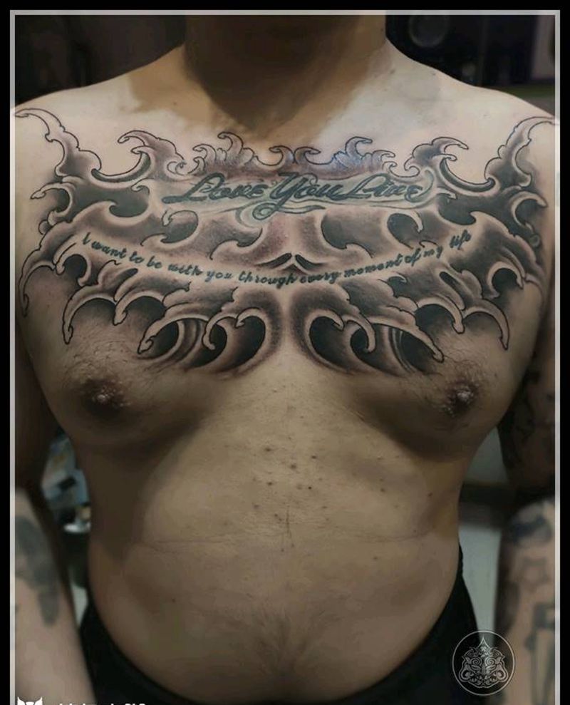 浪花填充背景花胸纹身图片_胸部新传统浪花胸填充背景纹身图案