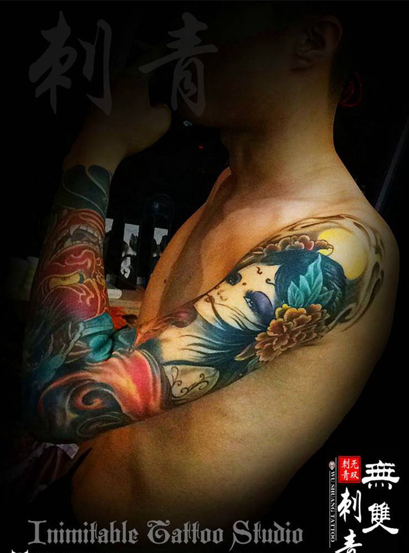 艺伎般若/旧图修改做彩色纹身图片_手臂肩部新传统老传统纹身图案