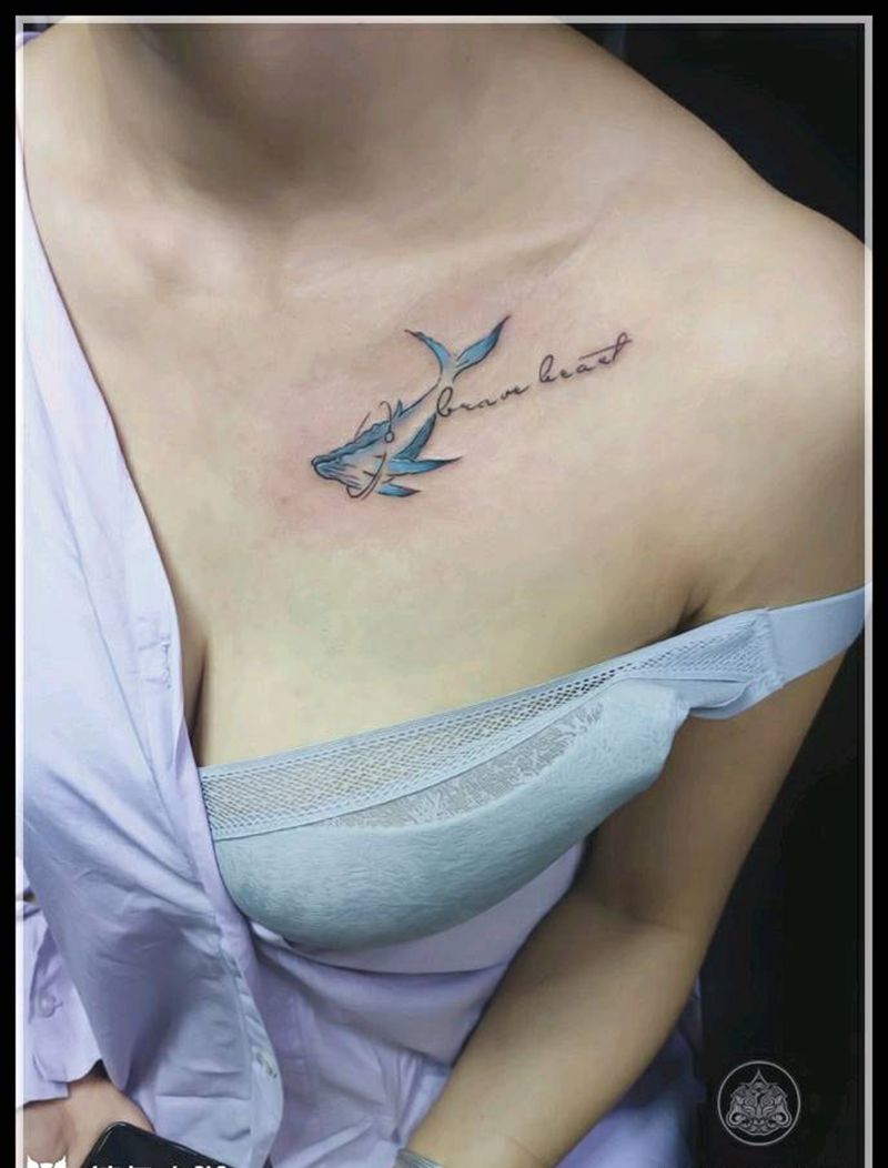 锁骨→鲲纹身图片_胸部水彩小清新鲲纹身图案