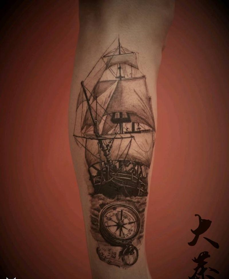 帆船⛵️纹身图片_腿部欧美写实纹身图案