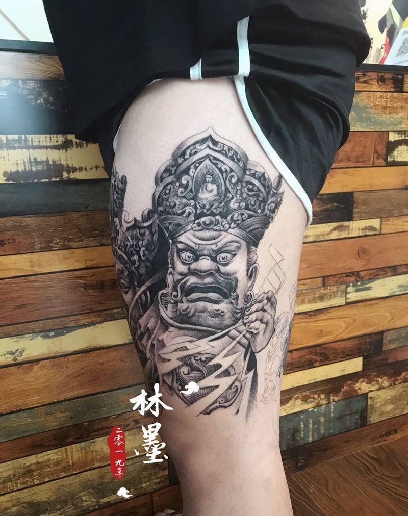 四大天王纹身图片_手稿腿部传统人物纹身图案
