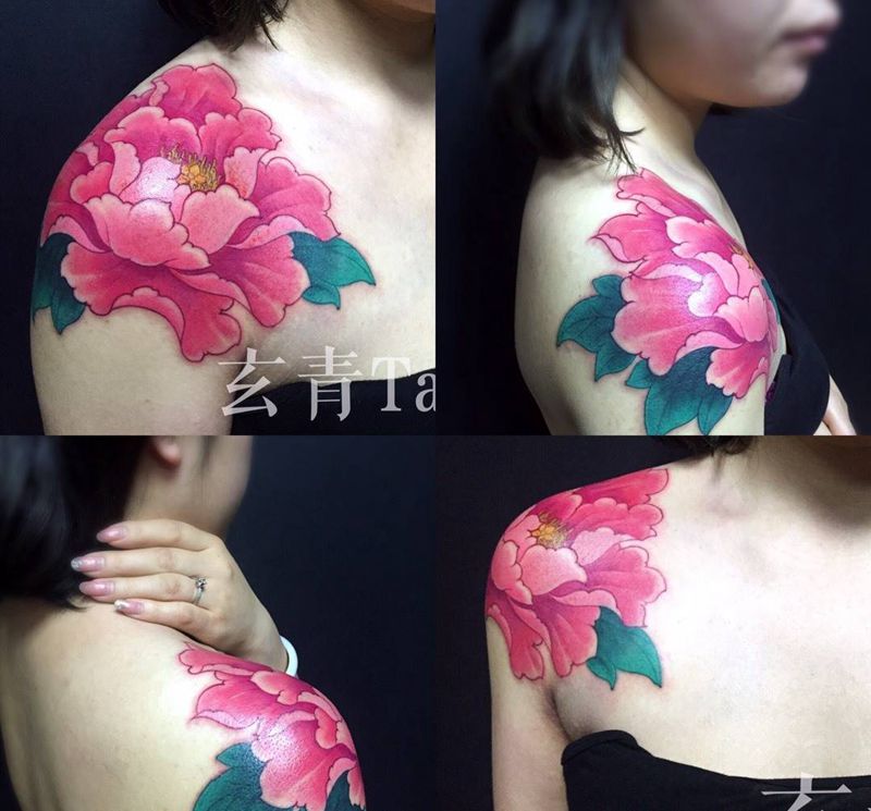 肩头牡丹花纹身图片_成品肩部传统清新国画植物原创纹身图案