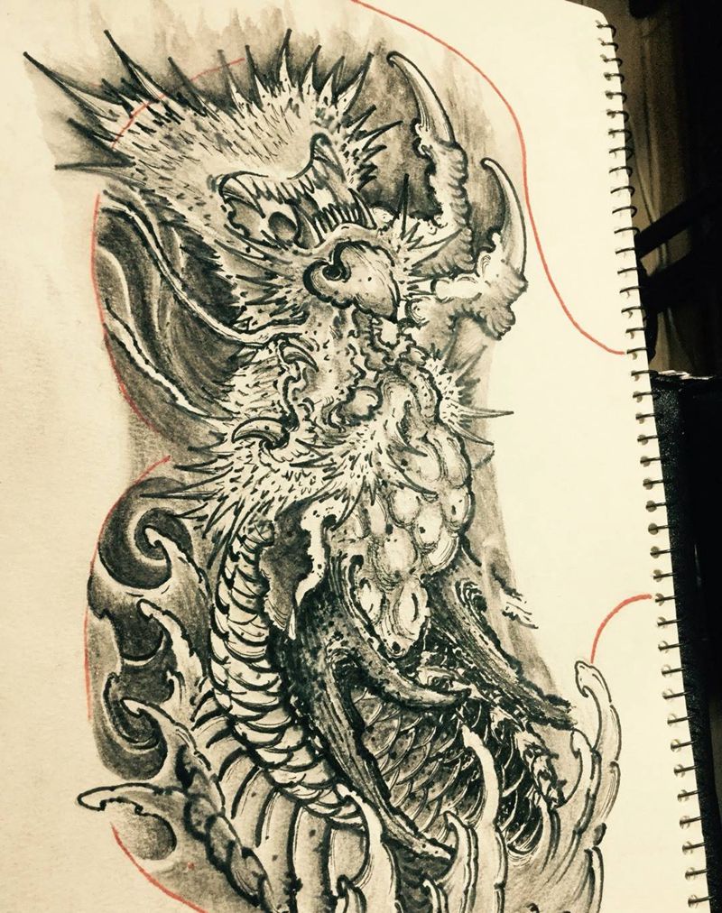 水墨龙花胸纹身图片_巴依内蒙古专业动物国画手稿胸部纹身图案