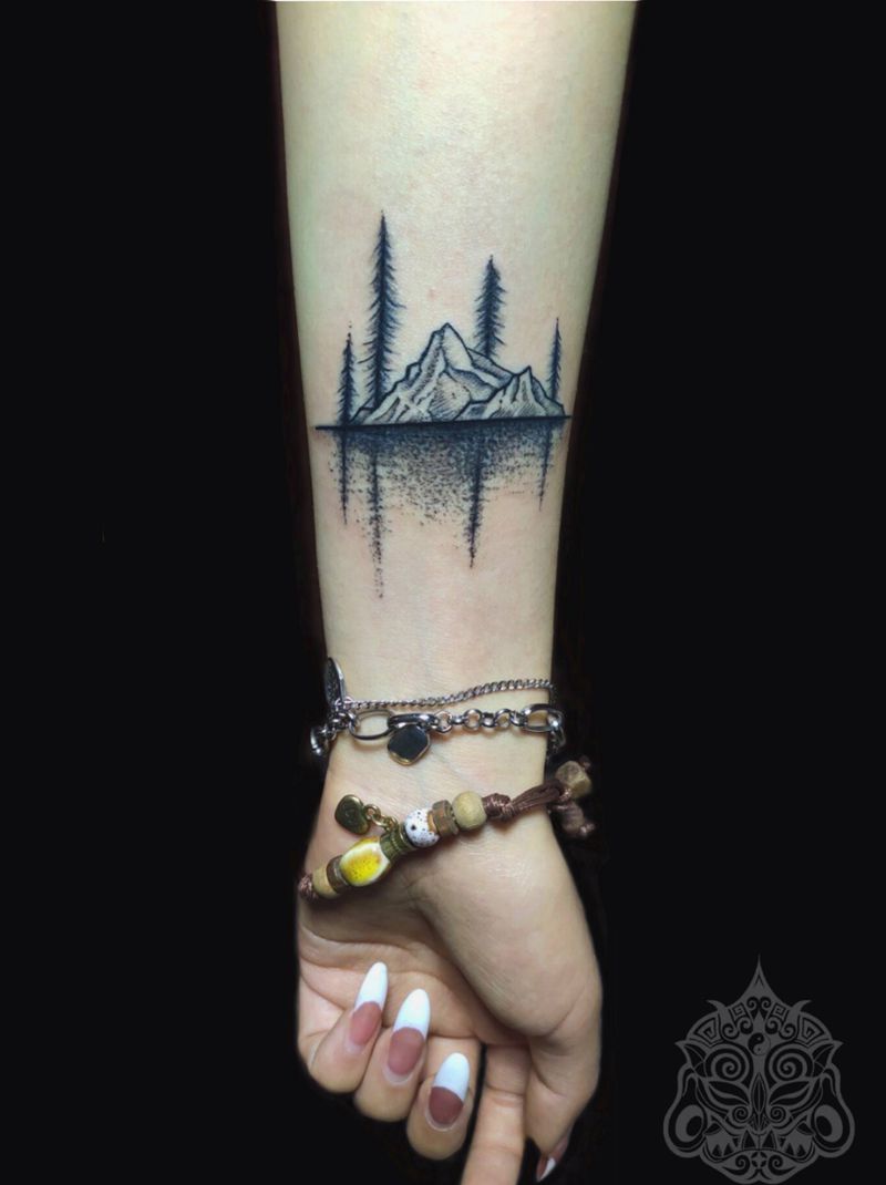 山水遮盖疤痕纹身图片_手臂点刺原创山水纹身纹身图案