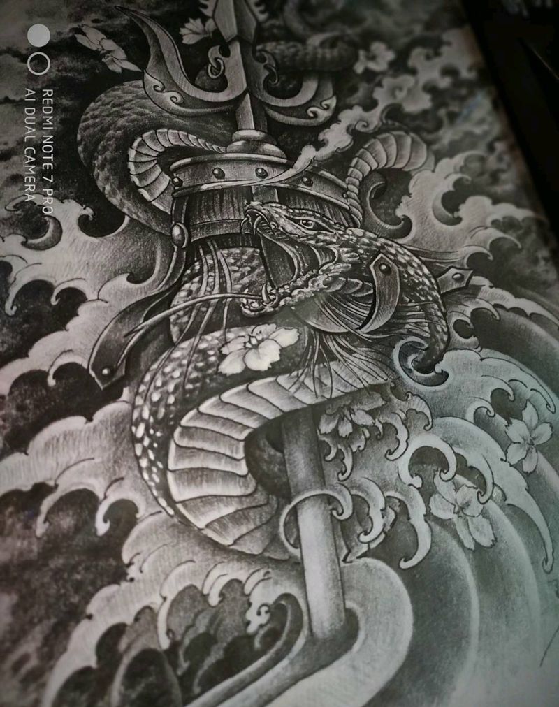 原创设计→蛇盘苏力德纹身图片_背部手臂新传统蒙古元素原创苏力德纹身图案