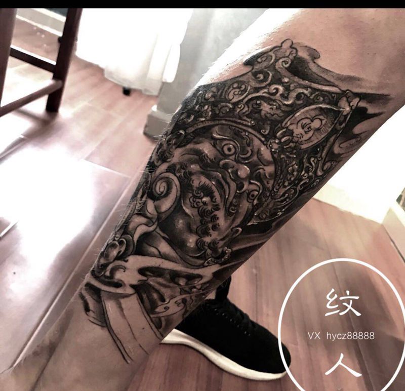 四大天王纹身图片_腿部新传统四大天王纹身图案