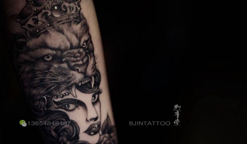 心有猛狮 细嗅蔷薇♌️致～狮子座纹身图片_插画手稿手臂写实欧美动物人物狮子座纹身图案