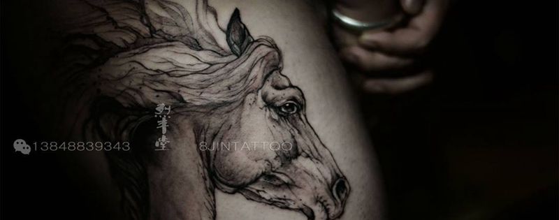 马纹身图片_插画腿部国画动物马纹身图案