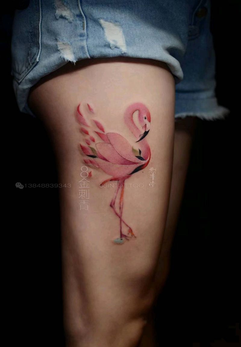 火烈鸟纹身图片_腿部清新动物火烈鸟插画纹身图案