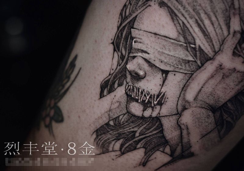 不见不闻不语不听纹身图片_手臂点刺欧美写实点刺针痕纹身图案