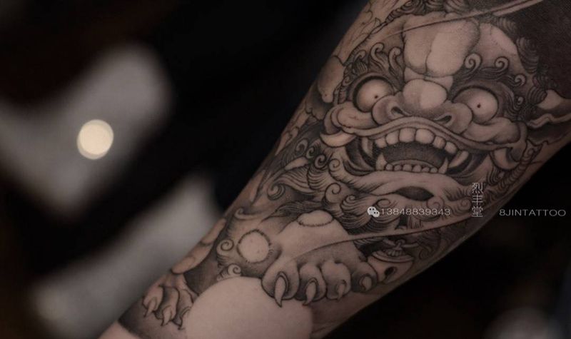 包小臂唐狮子（未完成）纹身图片_成品手臂传统动物唐狮纹身图案
