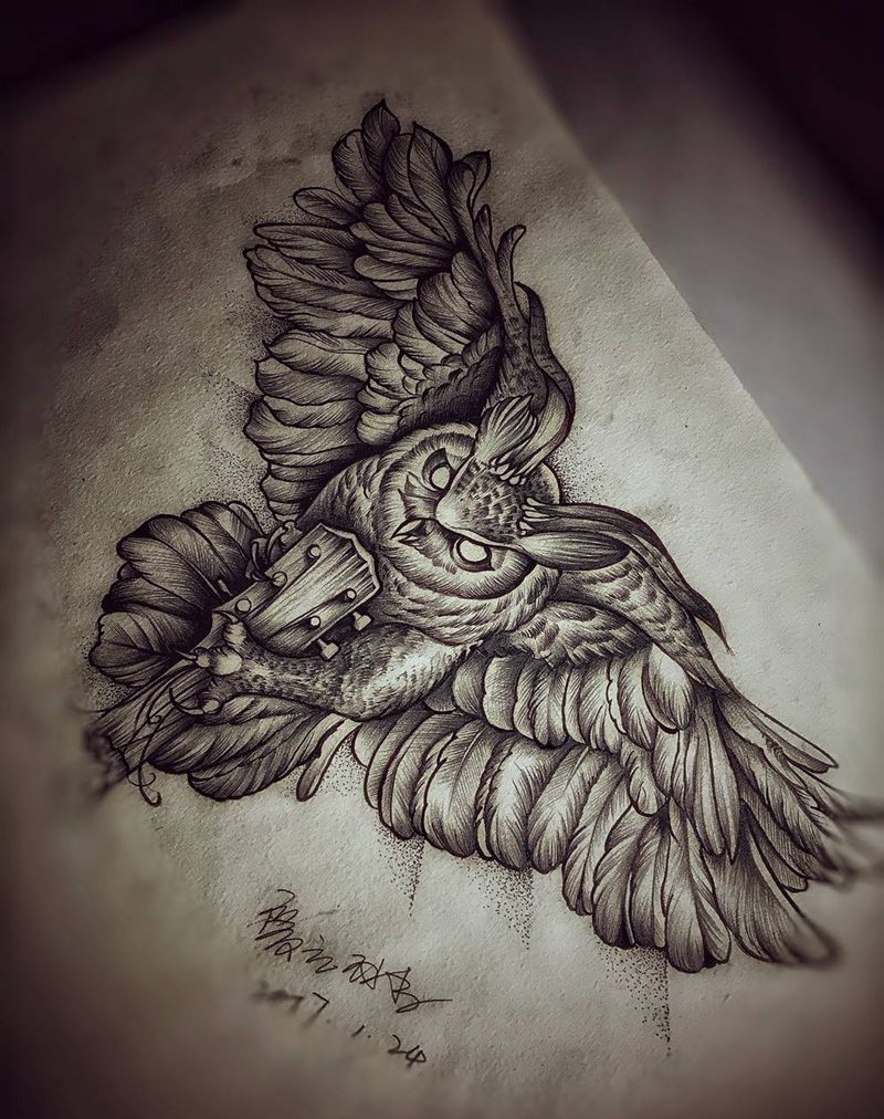 猫头鹰手稿纹身图片