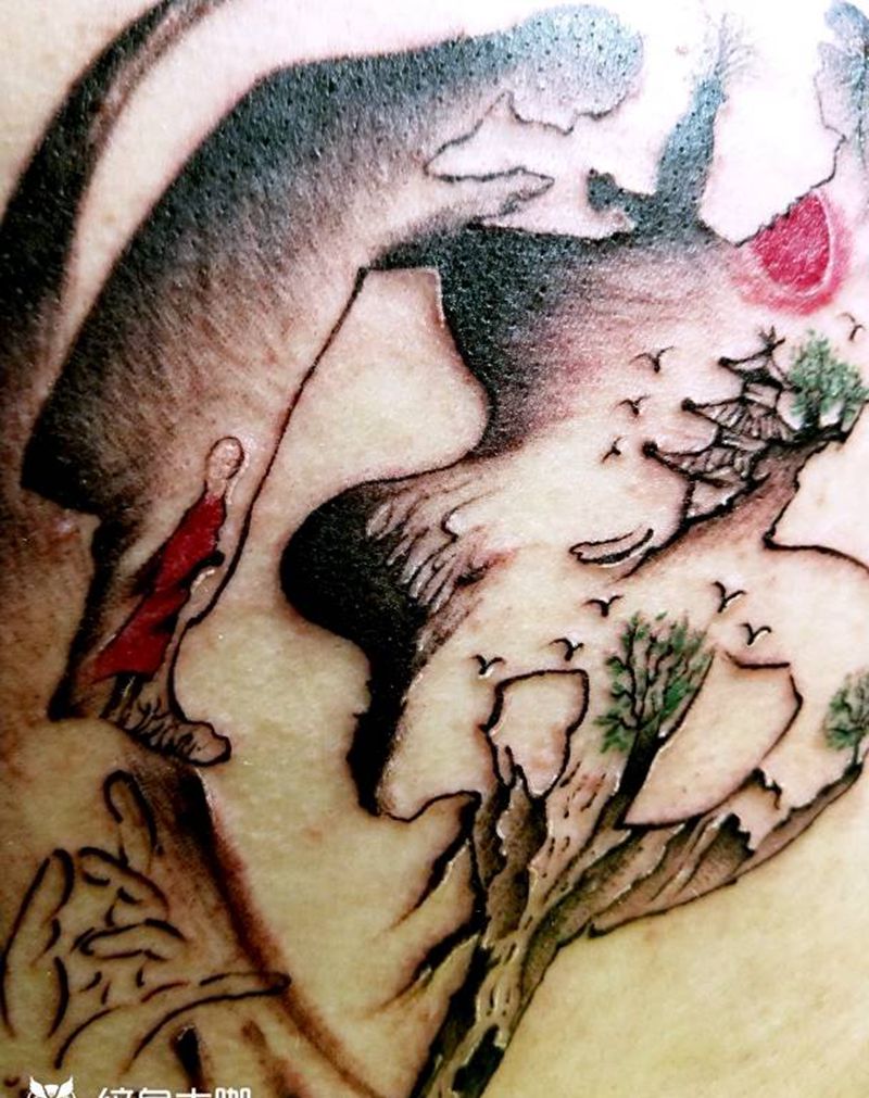 佛字纹身图片_肩部背部传统国画人物原创成品纹身图案