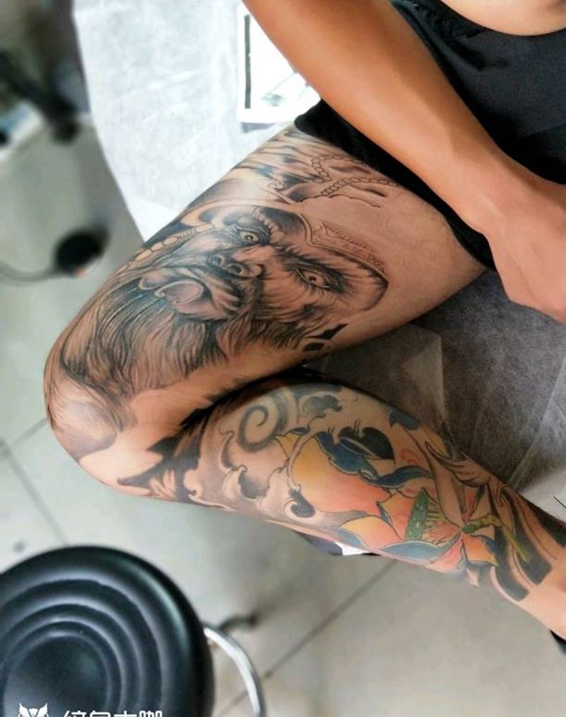 首席纹身师作品 未完成！纹身图片_腿部传统人物鬼神纹身图案