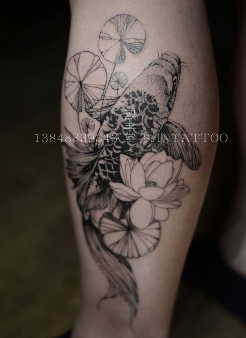 不一样风格的鱼纹身图片_插画腿部欧美动物植物鱼纹身图案