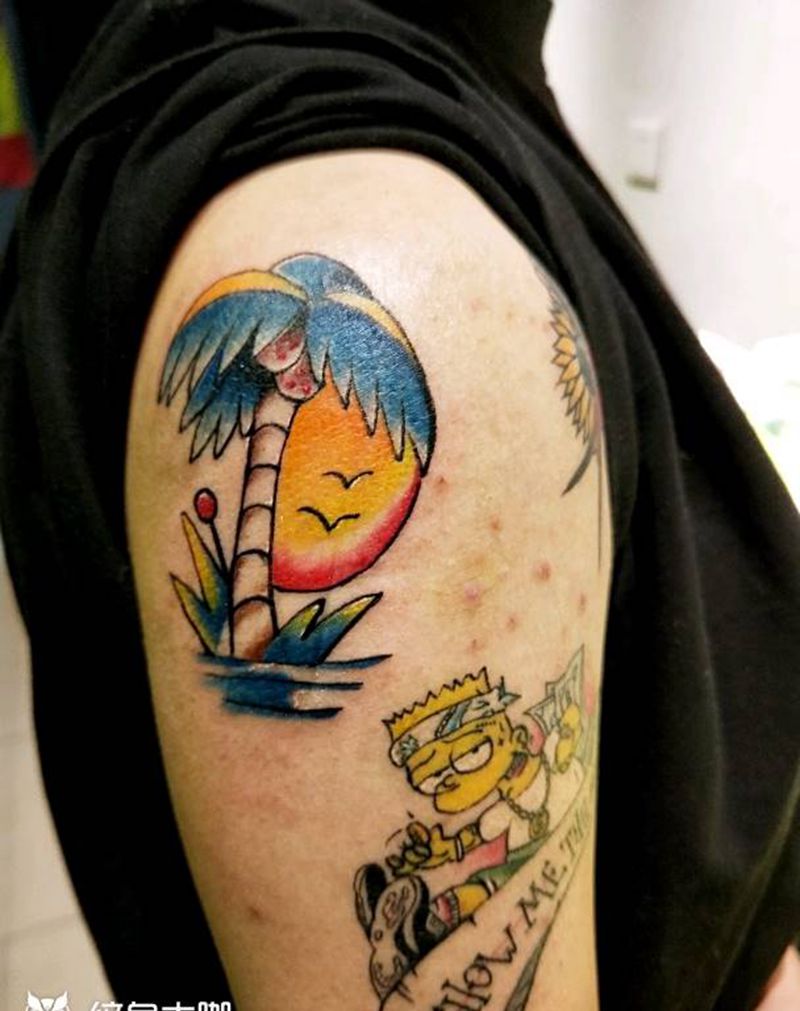 椰子树纹身图片_肩部欧美植物成品纹身图案