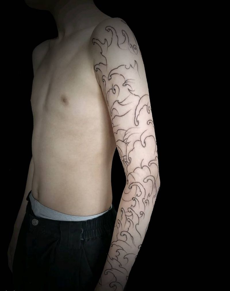 浪花臂-未完成纹身图片_手臂腿部新传统老传统浪花花臂黑灰纹身图案