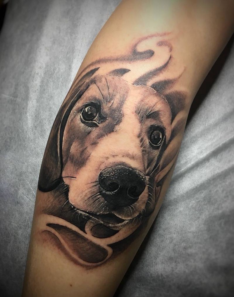 萌宠纹身图片_成品腿部写实动物纹身图案